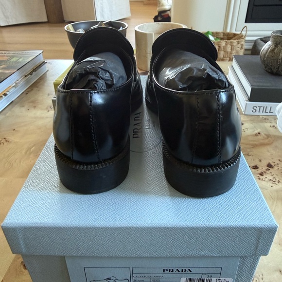 Prada Black Leather Penny Loafers with Triangle Logo - Picture 5 of 9